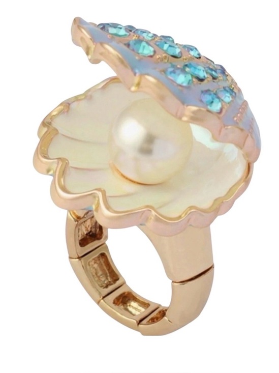 Betsey Johnson Jewelry - New Betsey Johnson Gold-Tone Pearl Shell stretch Ring with Aqua Crystals